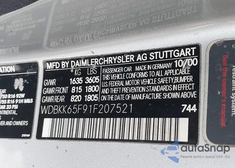 2001 Mercedes-Benz Slk 320 from USA, damaged, VIN WDBKK65F91F207521